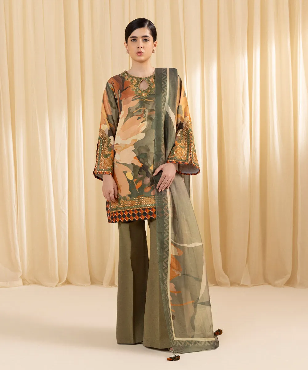 3 Piece -  Embroidered Silk Suit