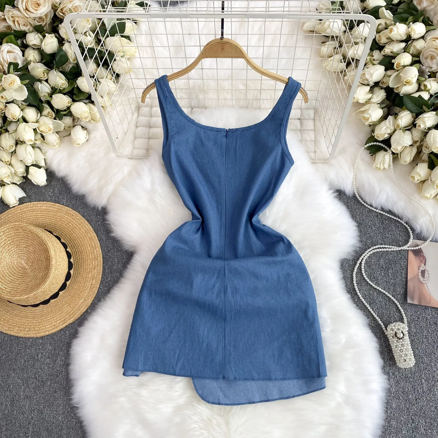 3d Knotted Denim Floral Slip Dress