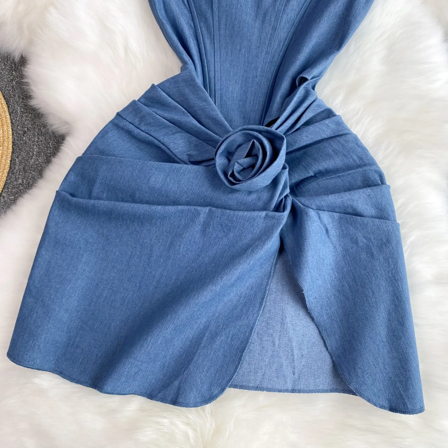 3d Knotted Denim Floral Slip Dress