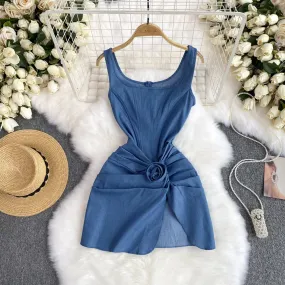 3d Knotted Denim Floral Slip Dress
