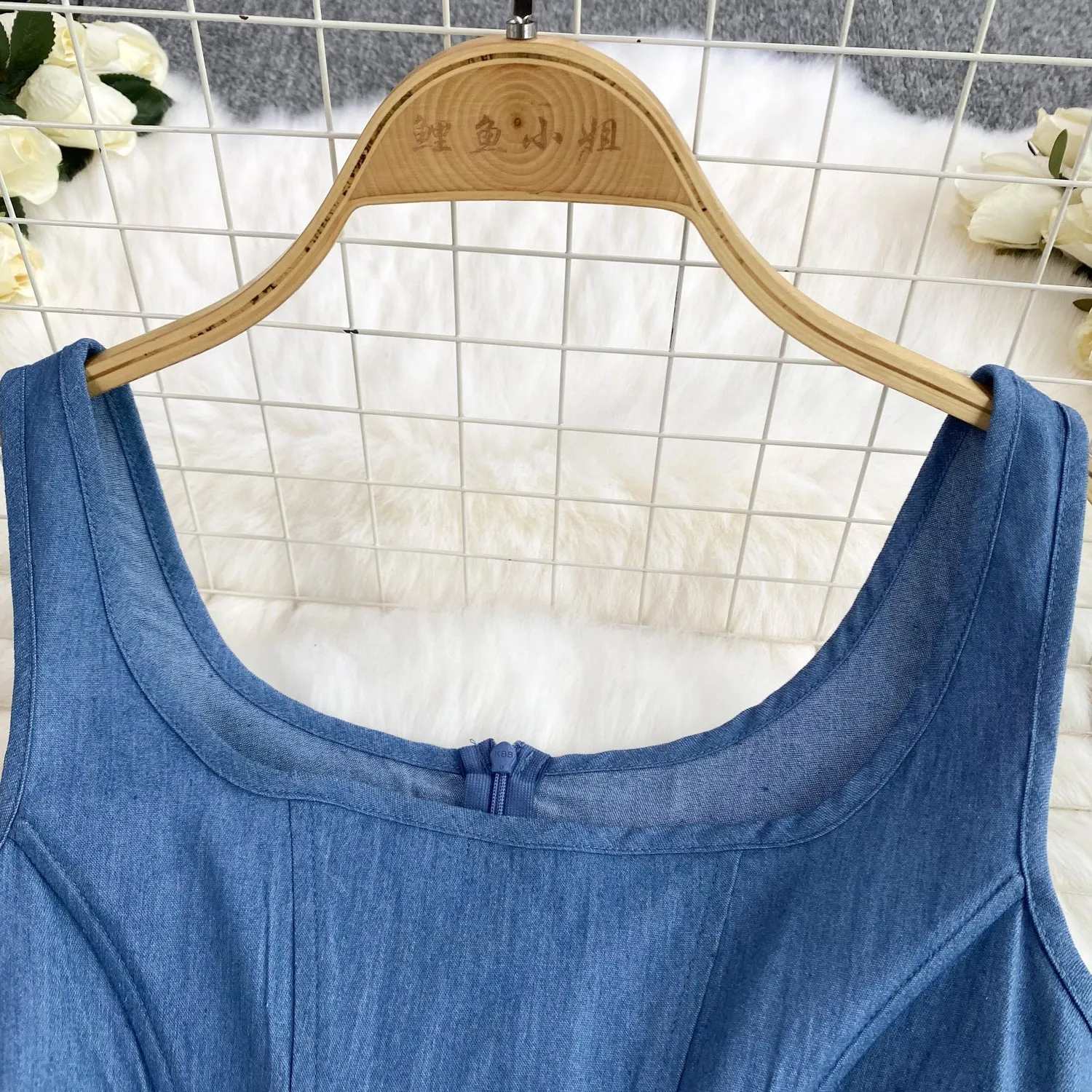 3d Knotted Denim Floral Slip Dress