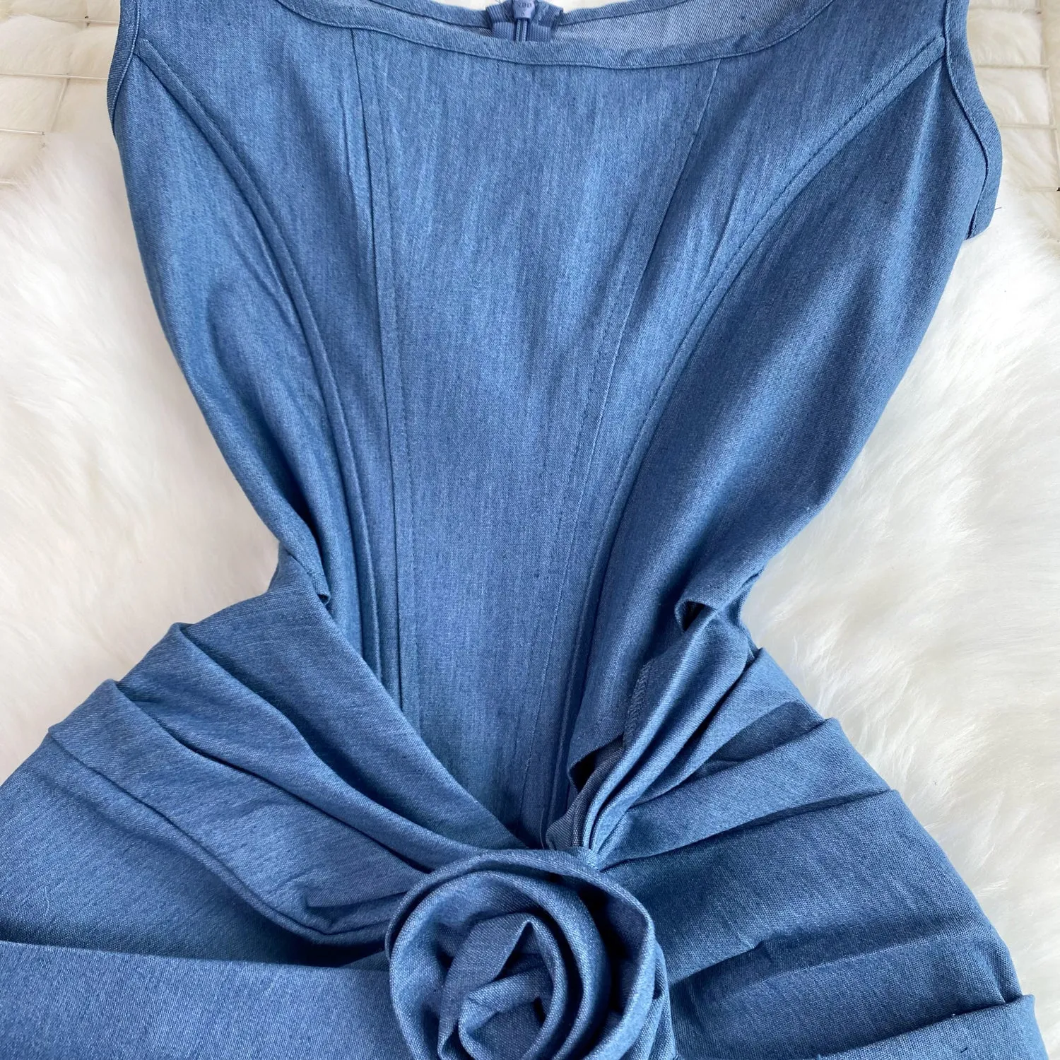3d Knotted Denim Floral Slip Dress