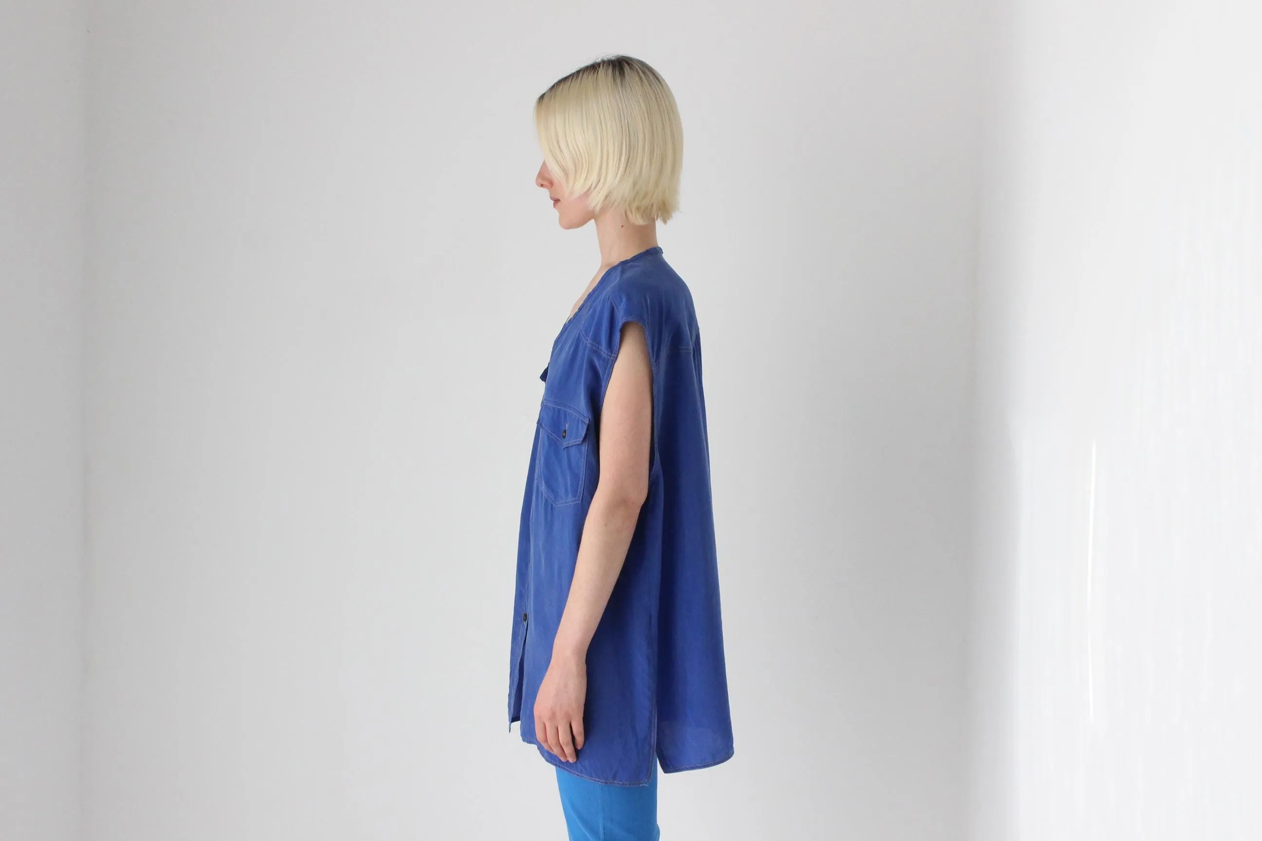 80s PURE SILK "Denim" Look Oversized Vest Shirt
