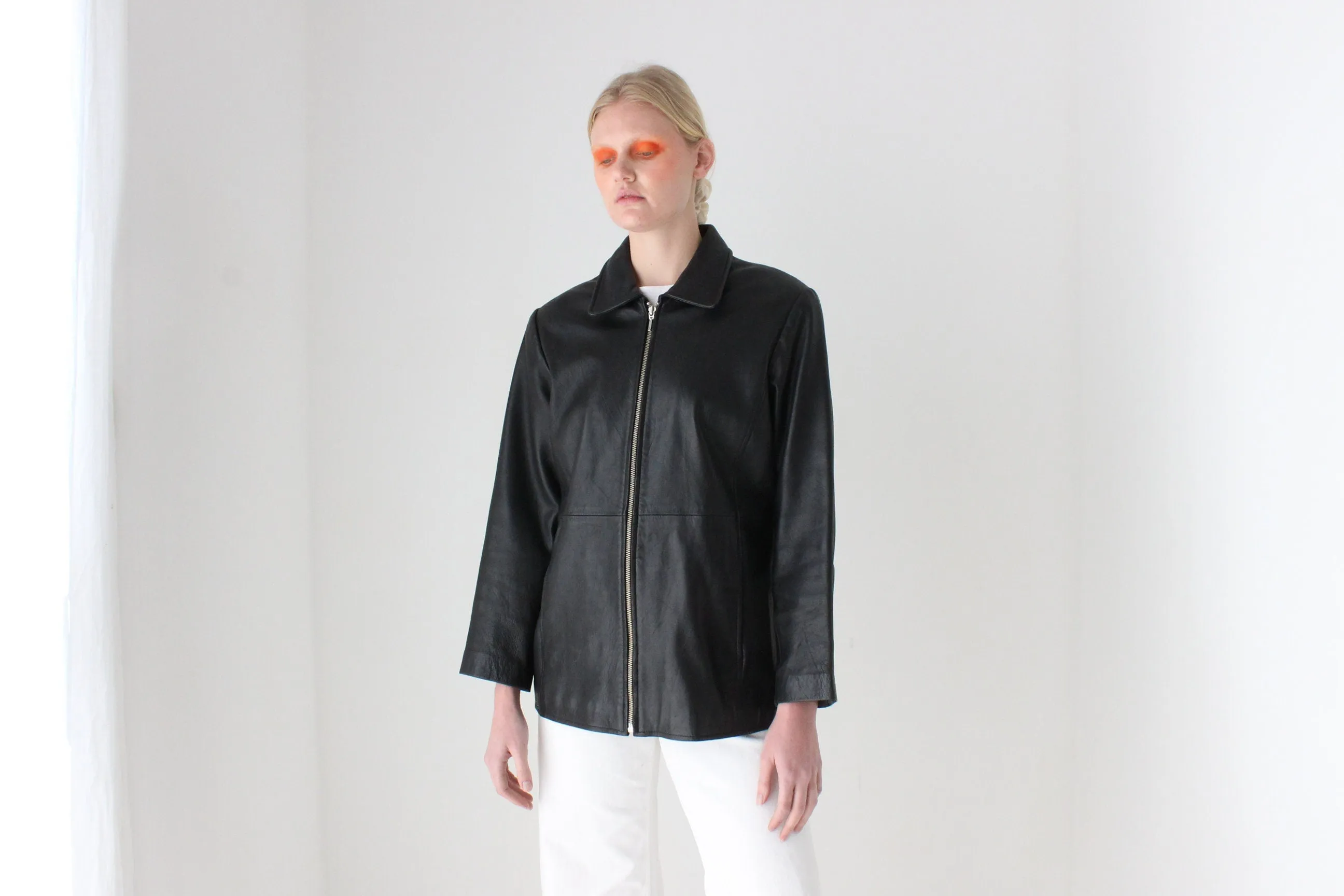 90s Leather Minimal Zip Front Jacket
