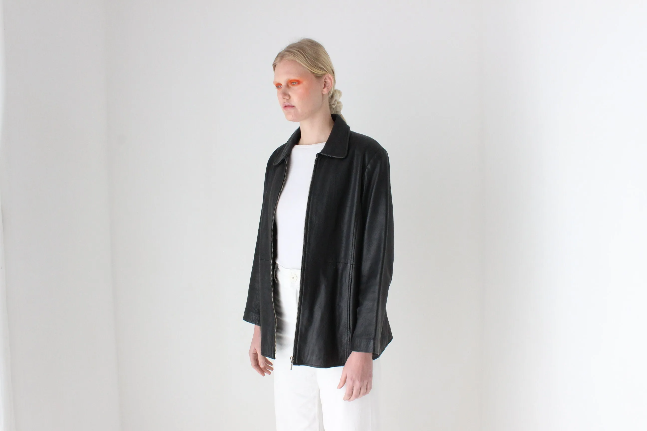 90s Leather Minimal Zip Front Jacket