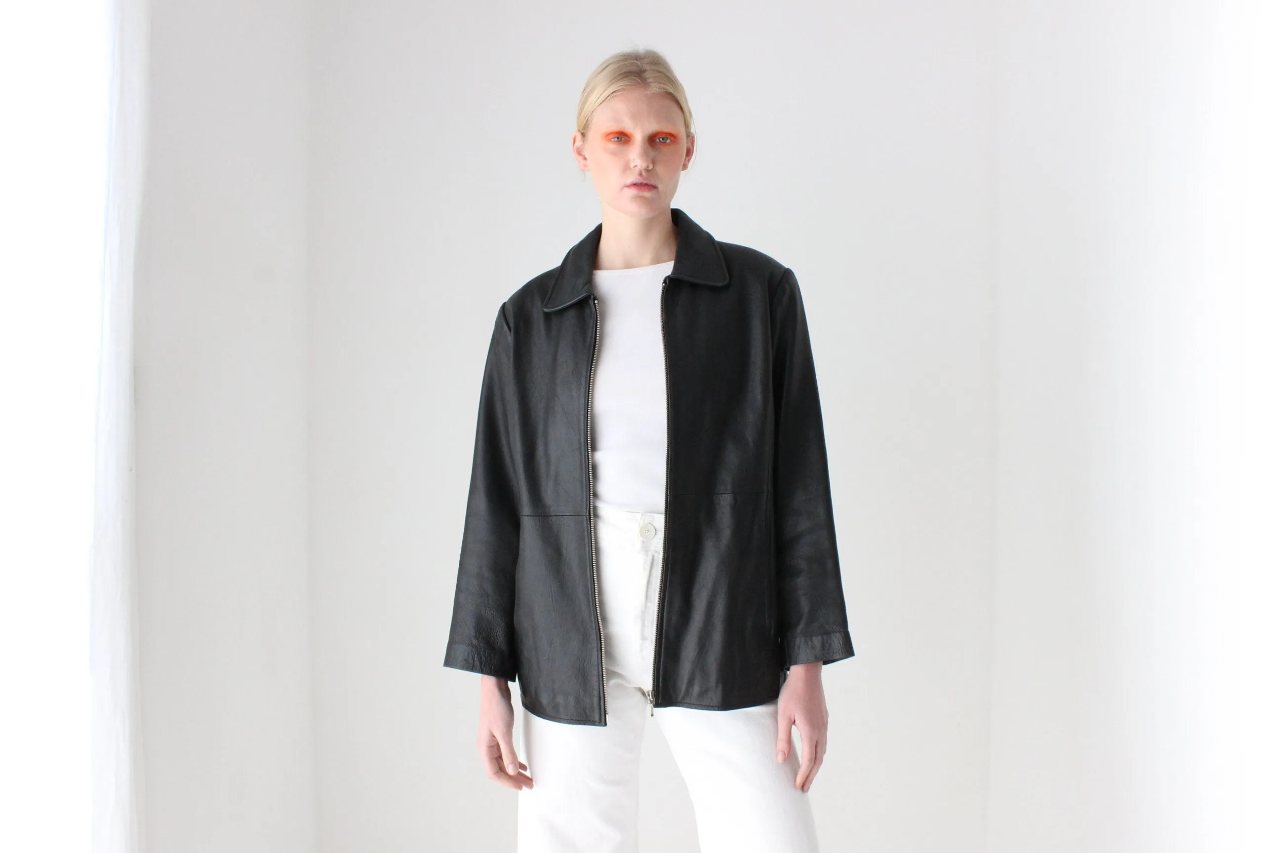 90s Leather Minimal Zip Front Jacket