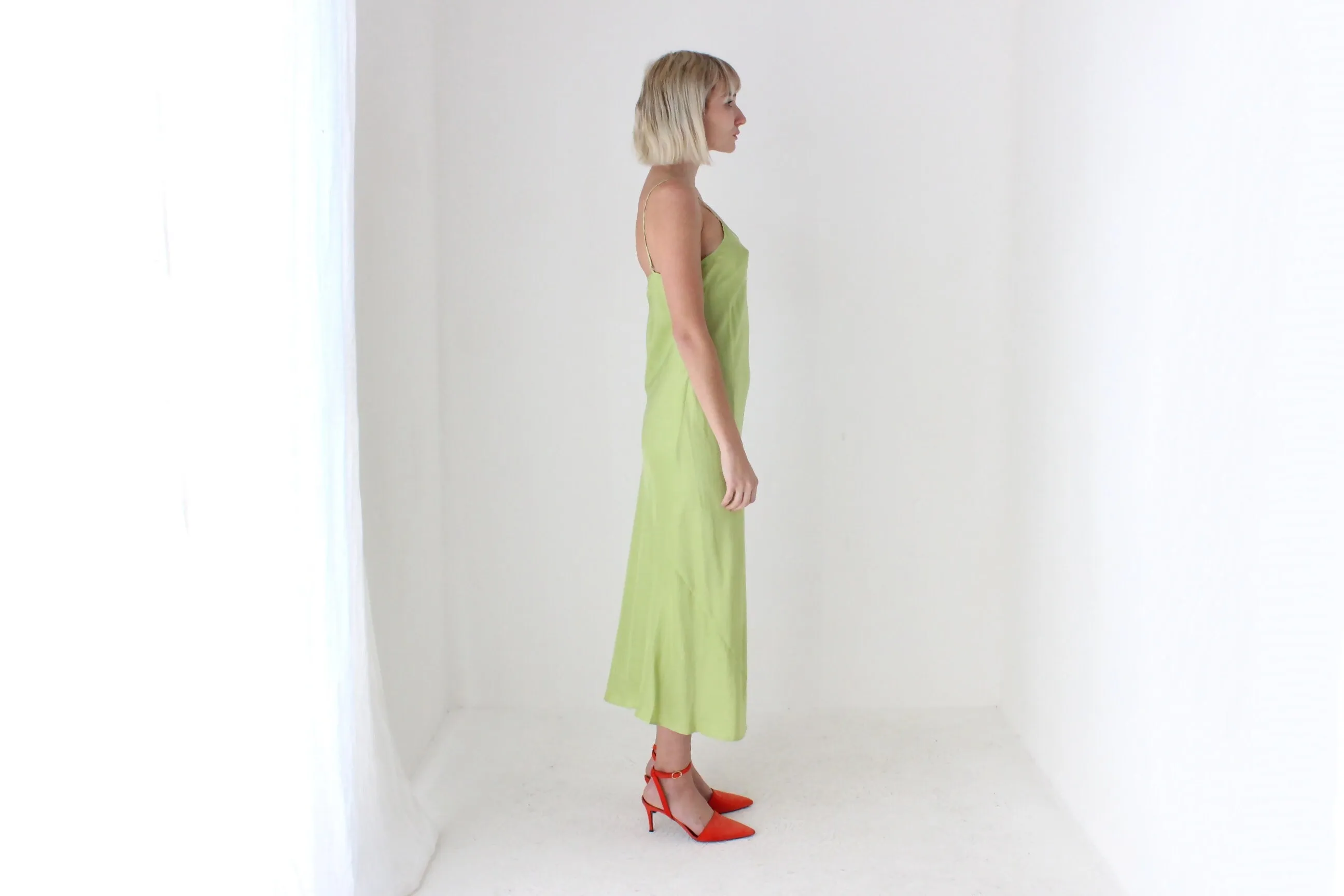 90s Pure Silk Bias Cut Slip Dress in Pistachio