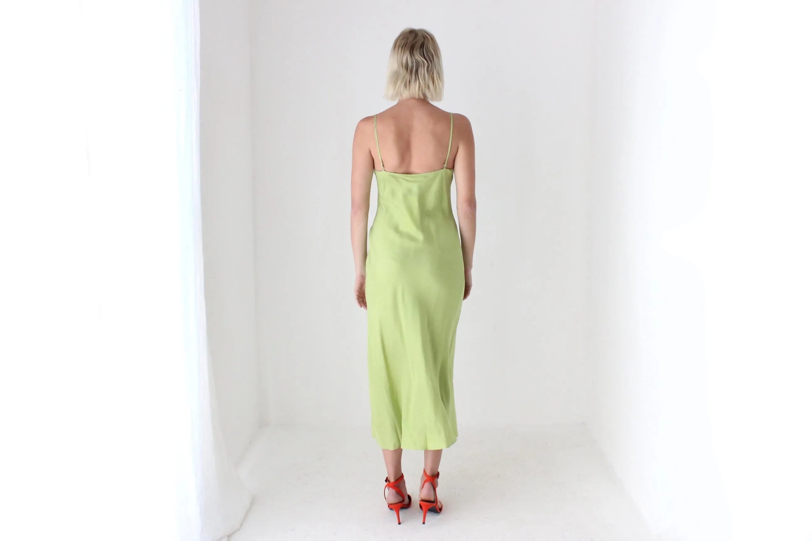 90s Pure Silk Bias Cut Slip Dress in Pistachio