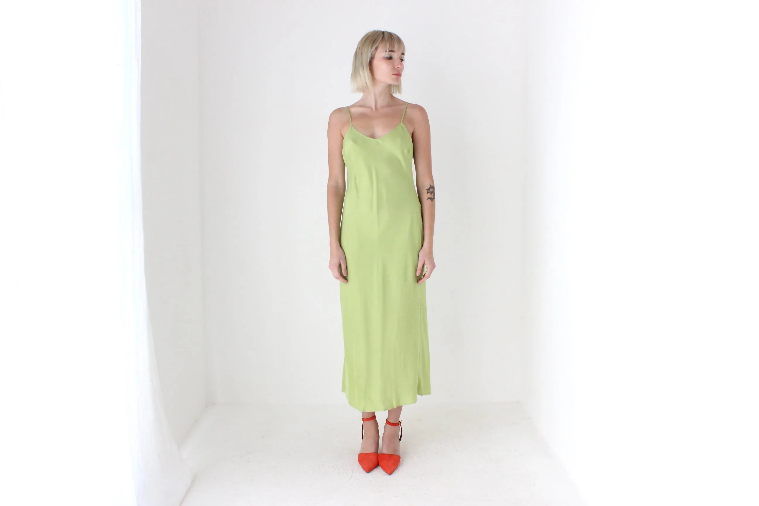 90s Pure Silk Bias Cut Slip Dress in Pistachio