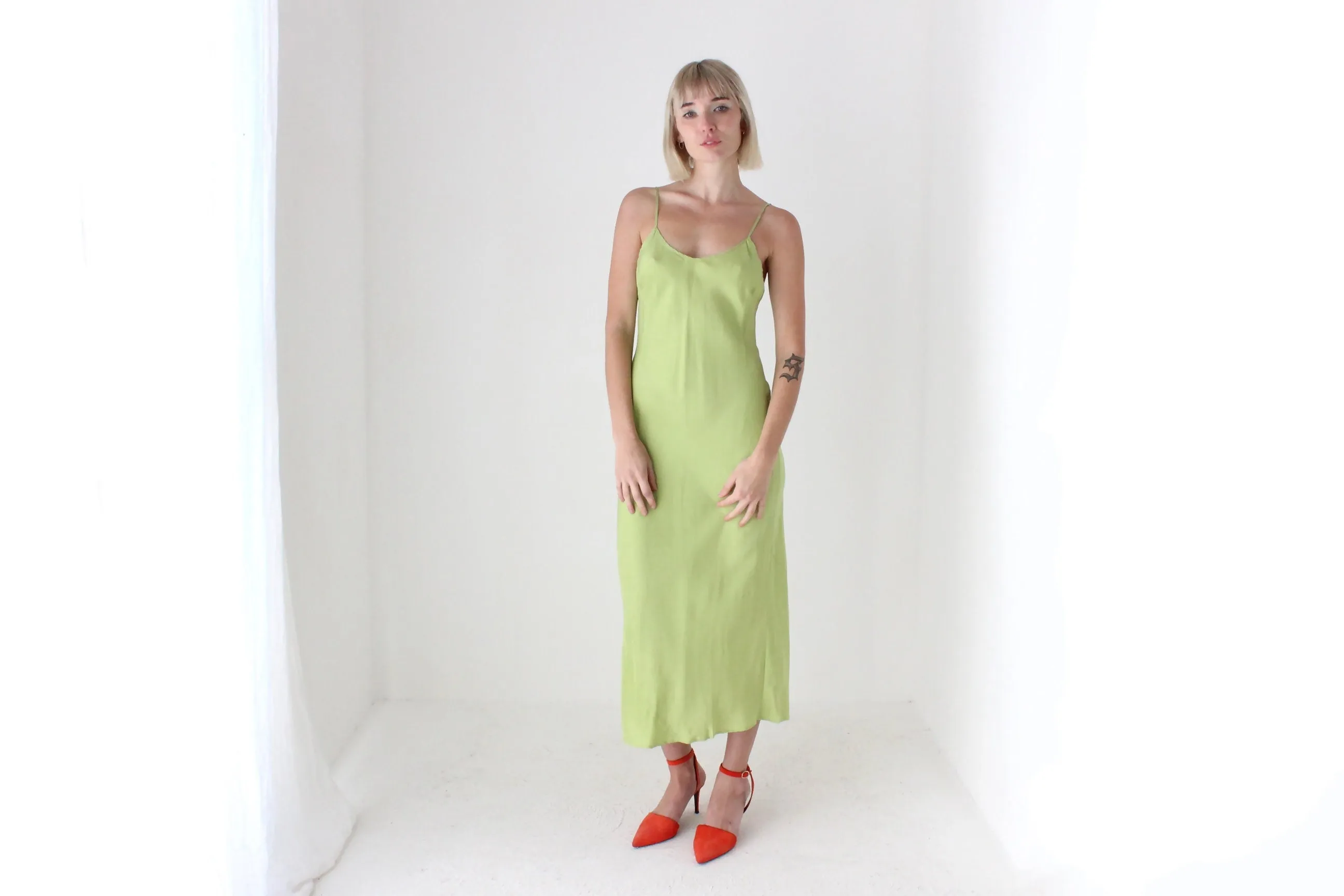 90s Pure Silk Bias Cut Slip Dress in Pistachio