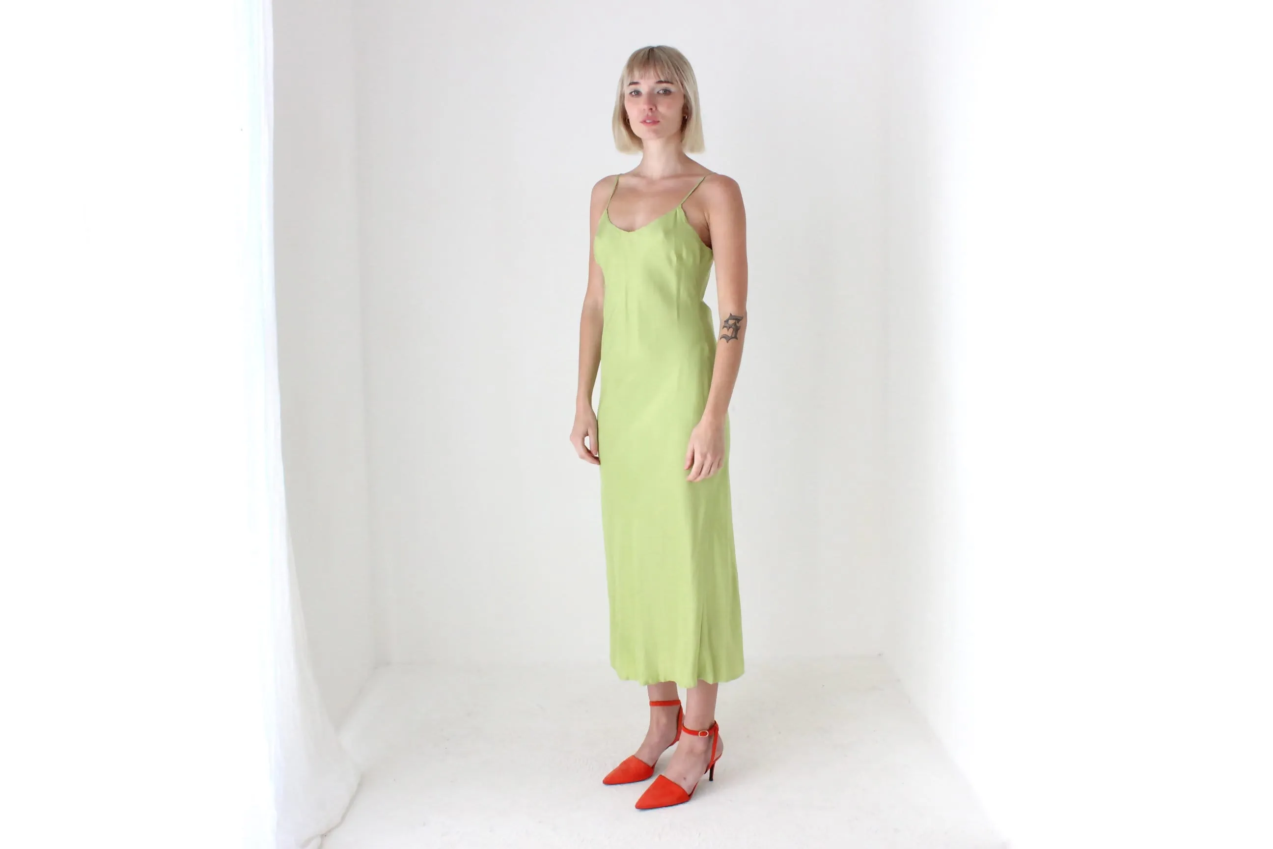 90s Pure Silk Bias Cut Slip Dress in Pistachio