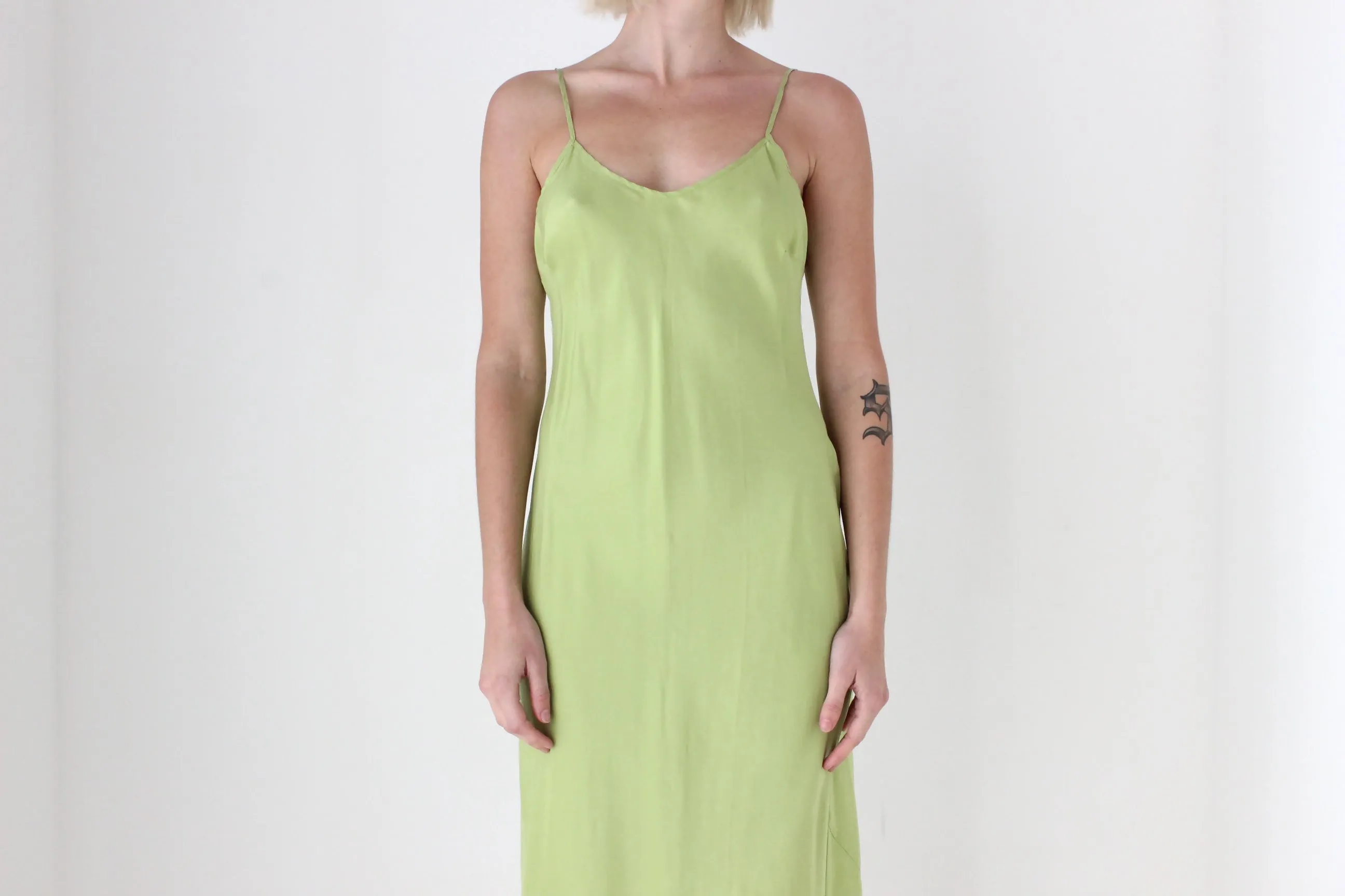 90s Pure Silk Bias Cut Slip Dress in Pistachio