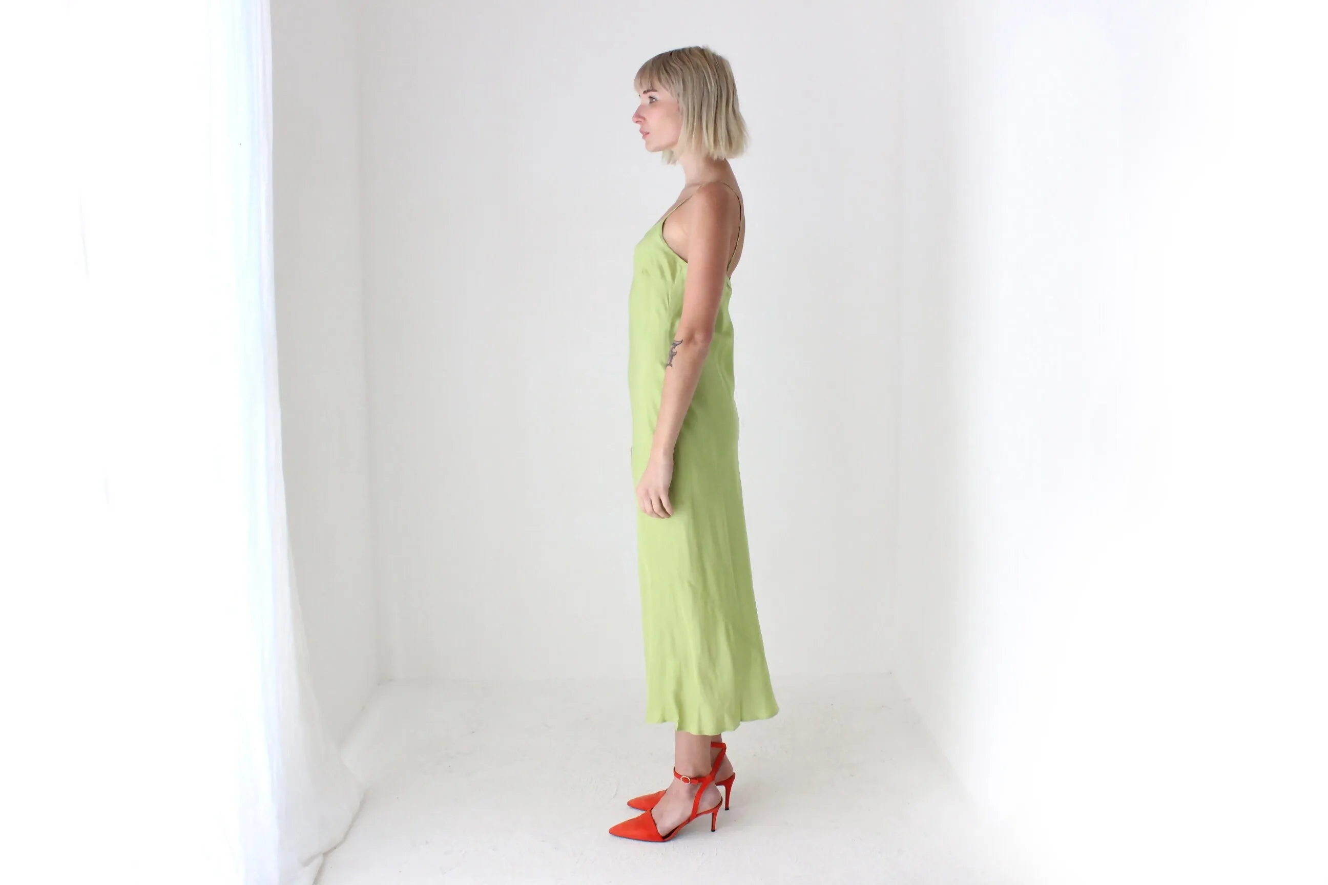 90s Pure Silk Bias Cut Slip Dress in Pistachio