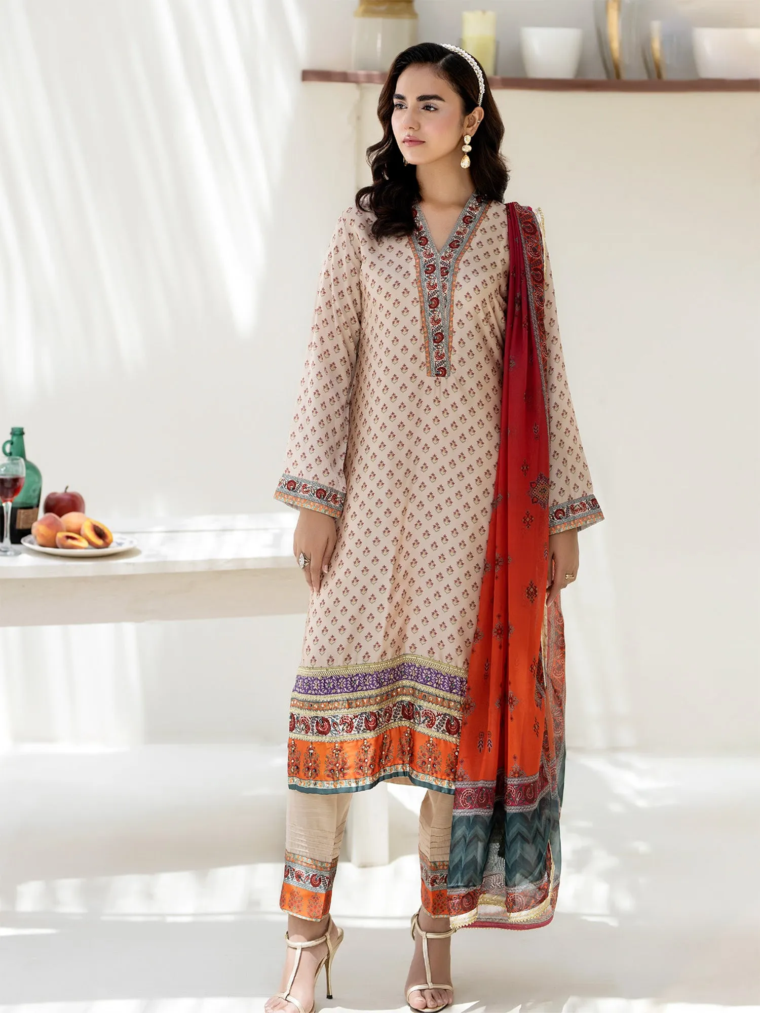 Ally's Light Beige Shamoz Silk Embroidered 3-Piece Suit (DGP-227)