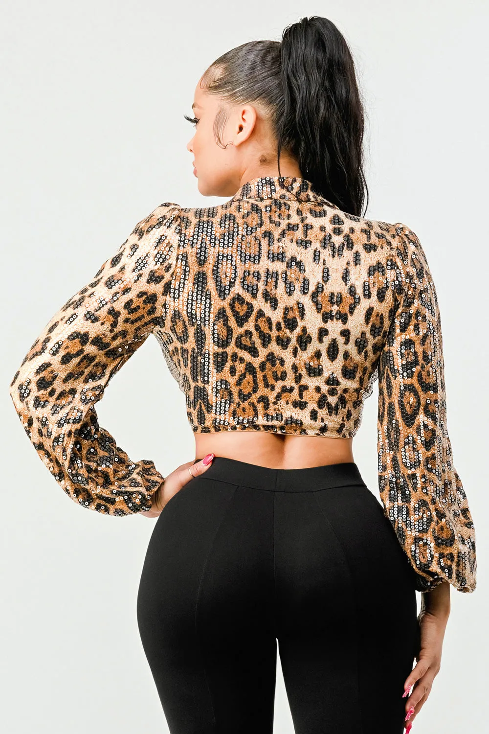 ANIMAL PRINT SEQUIN FRONT TIE CROPPED JACKET TOP