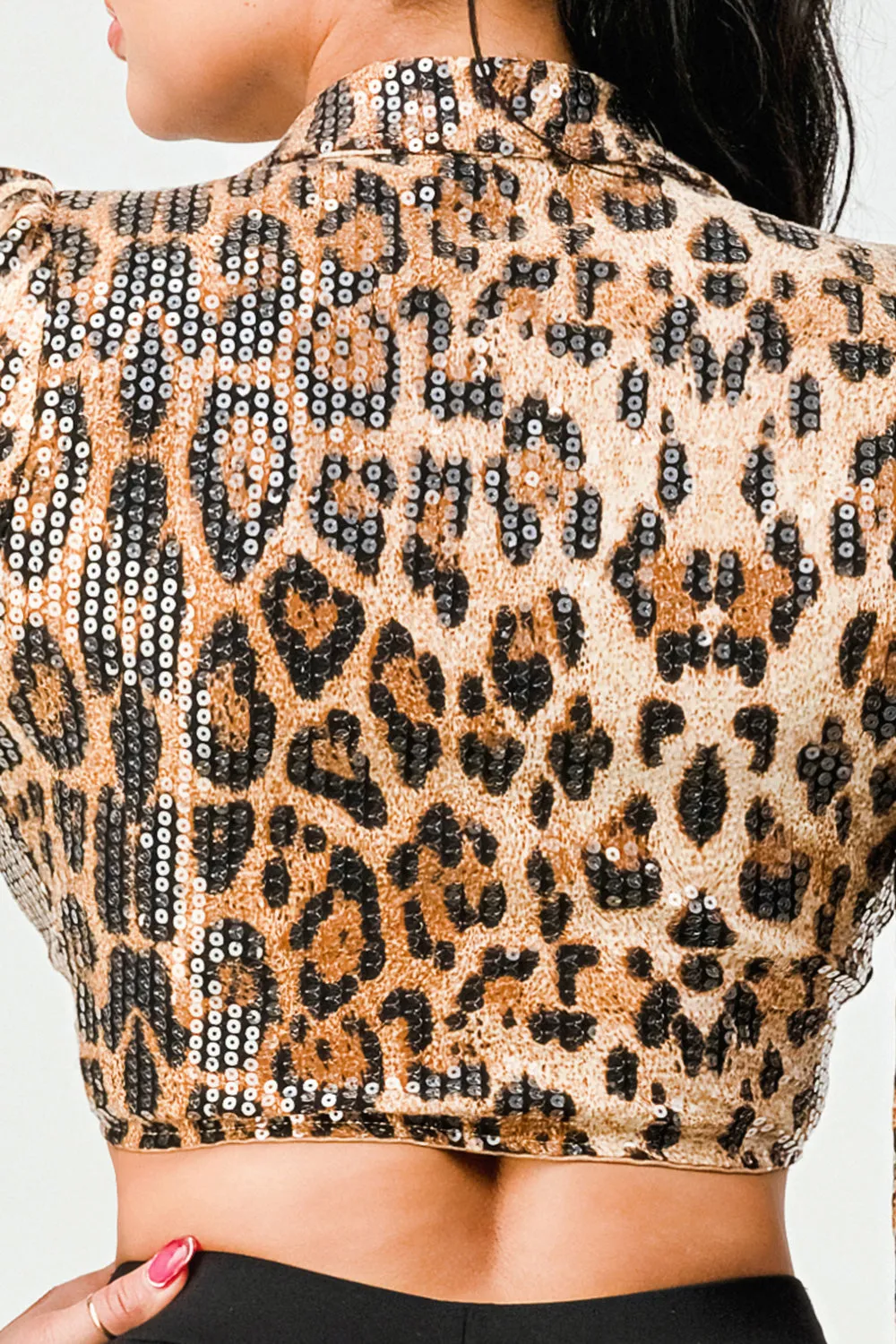 ANIMAL PRINT SEQUIN FRONT TIE CROPPED JACKET TOP