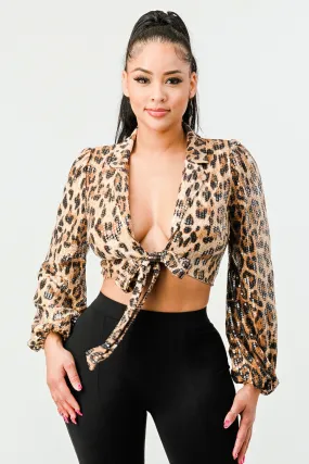 ANIMAL PRINT SEQUIN FRONT TIE CROPPED JACKET TOP