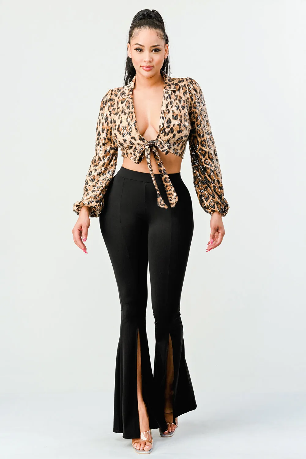 ANIMAL PRINT SEQUIN FRONT TIE CROPPED JACKET TOP
