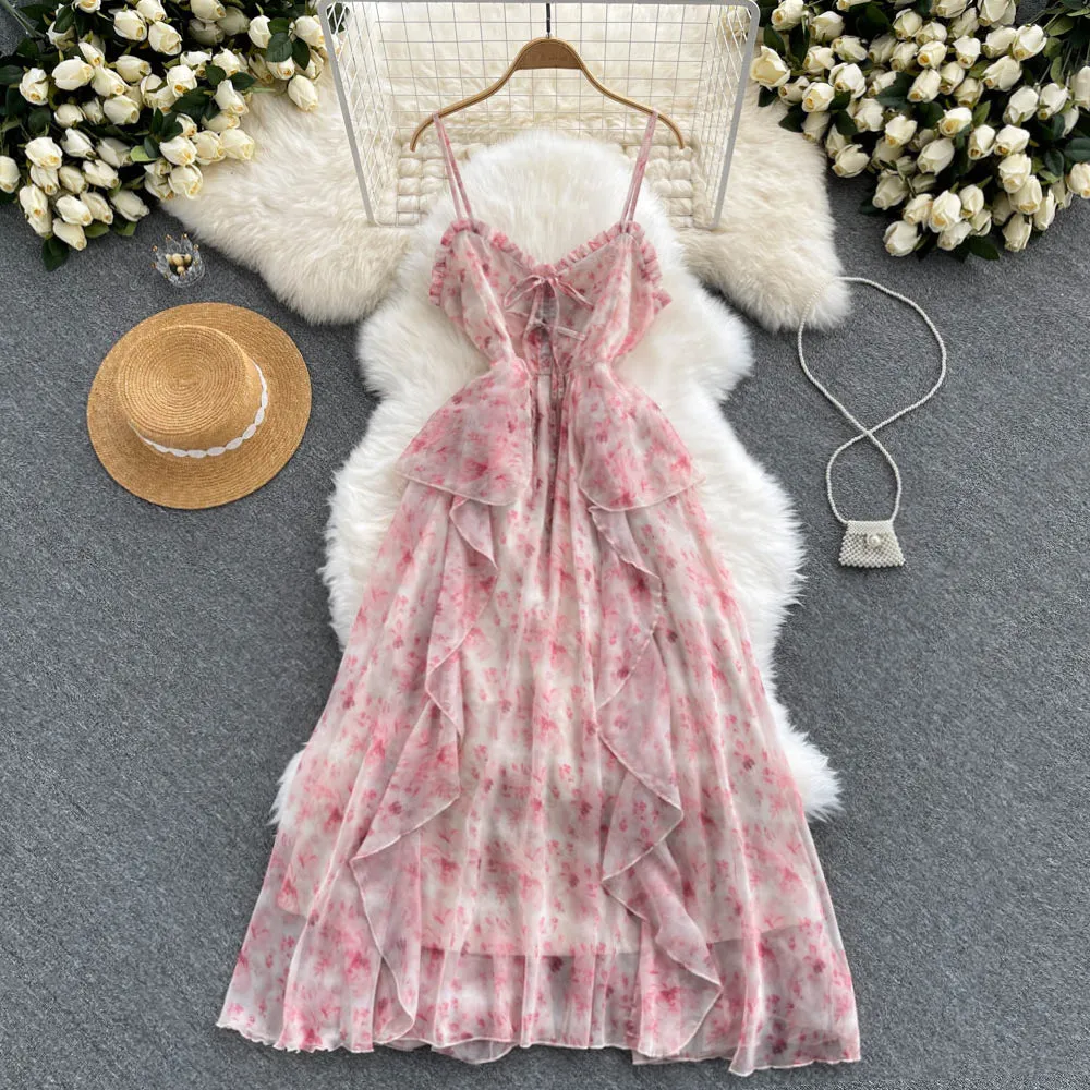 Backless Pink Floral Halter Dress