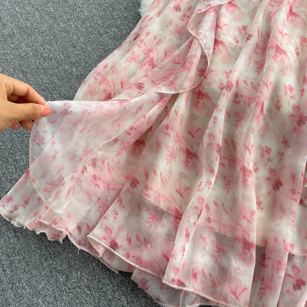 Backless Pink Floral Halter Dress