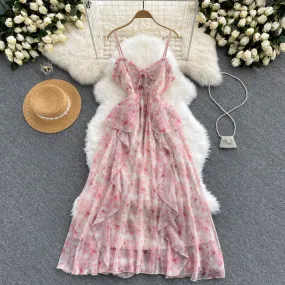 Backless Pink Floral Halter Dress