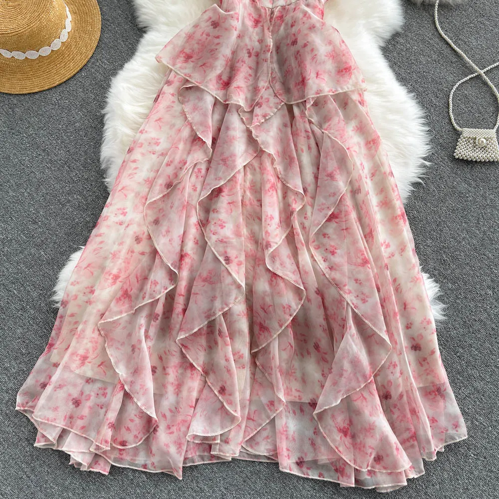 Backless Pink Floral Halter Dress