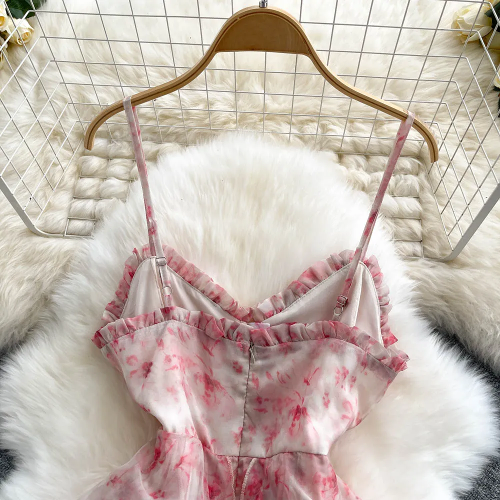 Backless Pink Floral Halter Dress