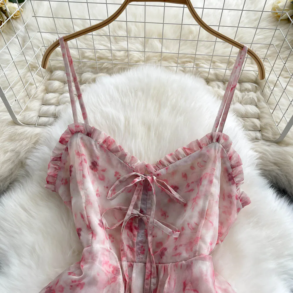 Backless Pink Floral Halter Dress
