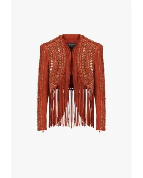 Balmain x Netflix - Terracotta and golden suede cropped spencer jacket with fringe