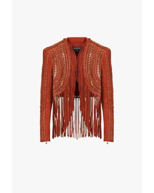Balmain x Netflix - Terracotta and golden suede cropped spencer jacket with fringe