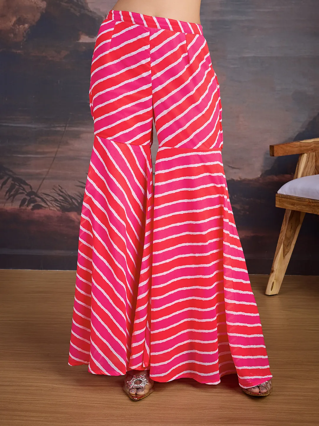 Bandhani Printed Round Neck Kurta & Sharara With Dupatta