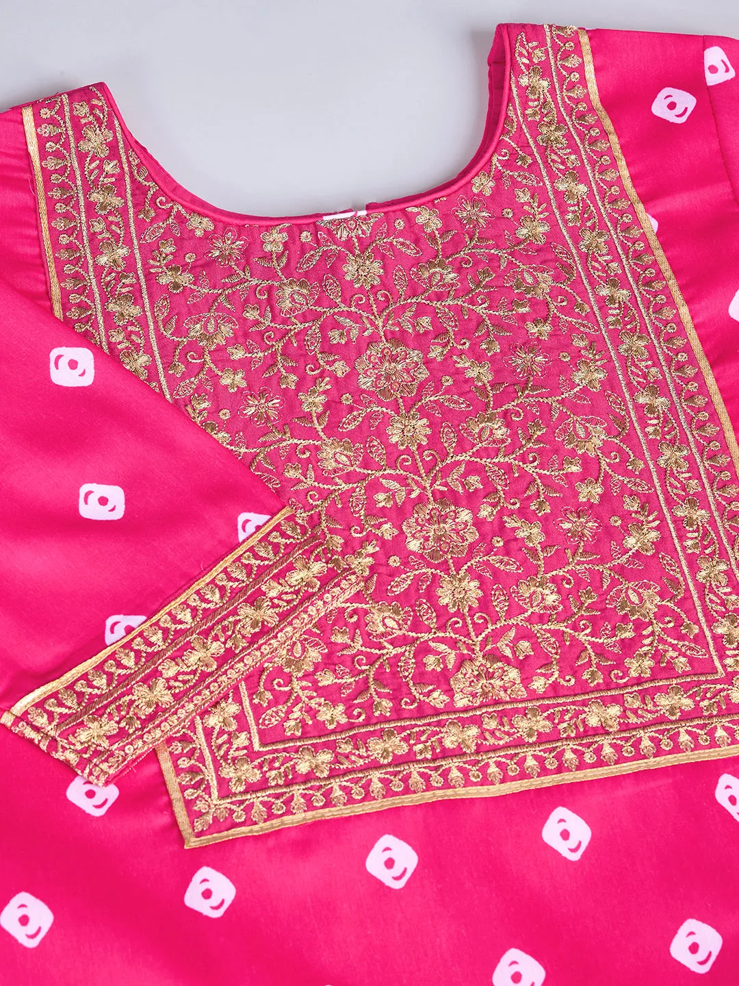 Bandhani Printed Round Neck Kurta & Sharara With Dupatta