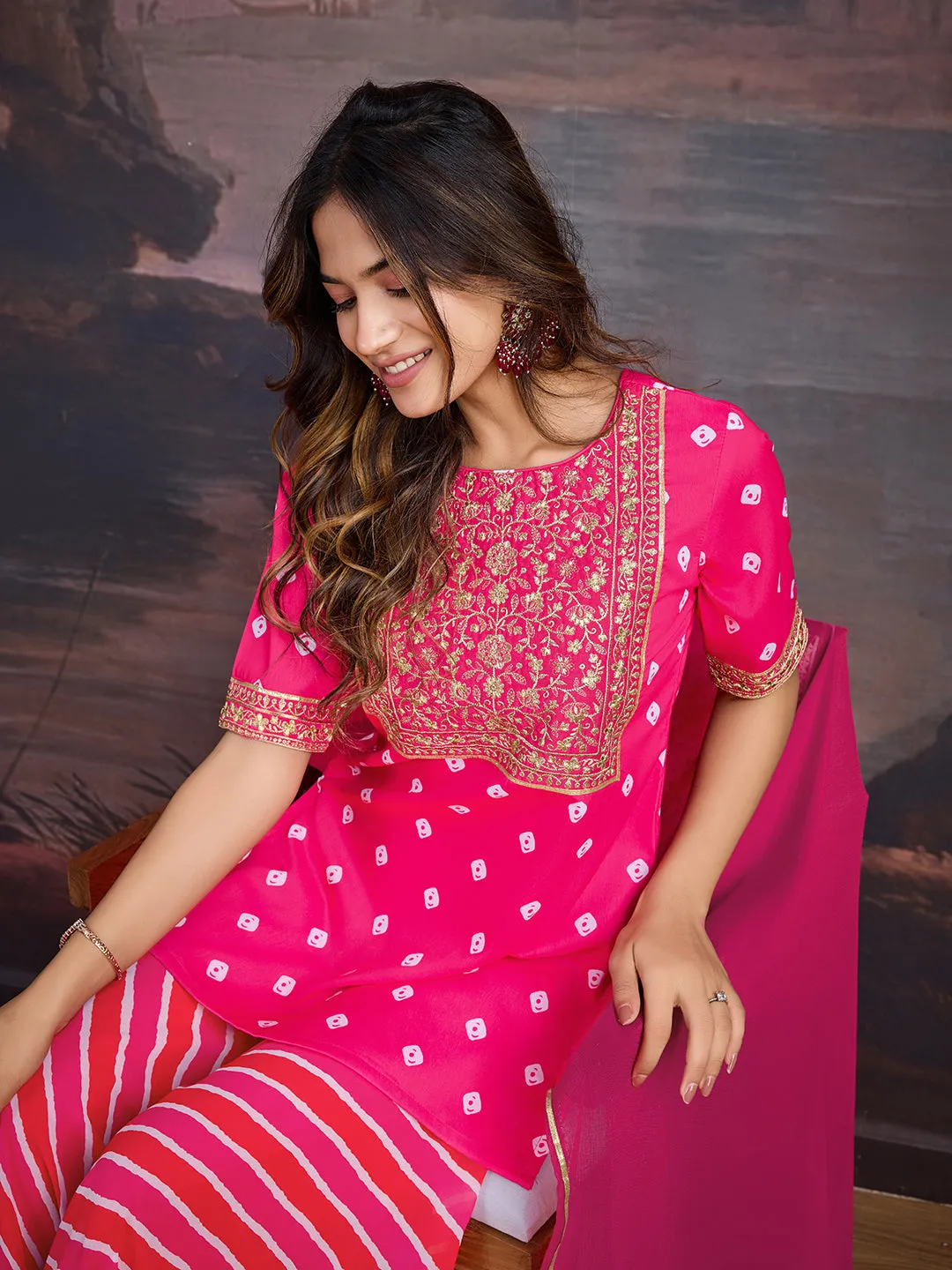 Bandhani Printed Round Neck Kurta & Sharara With Dupatta