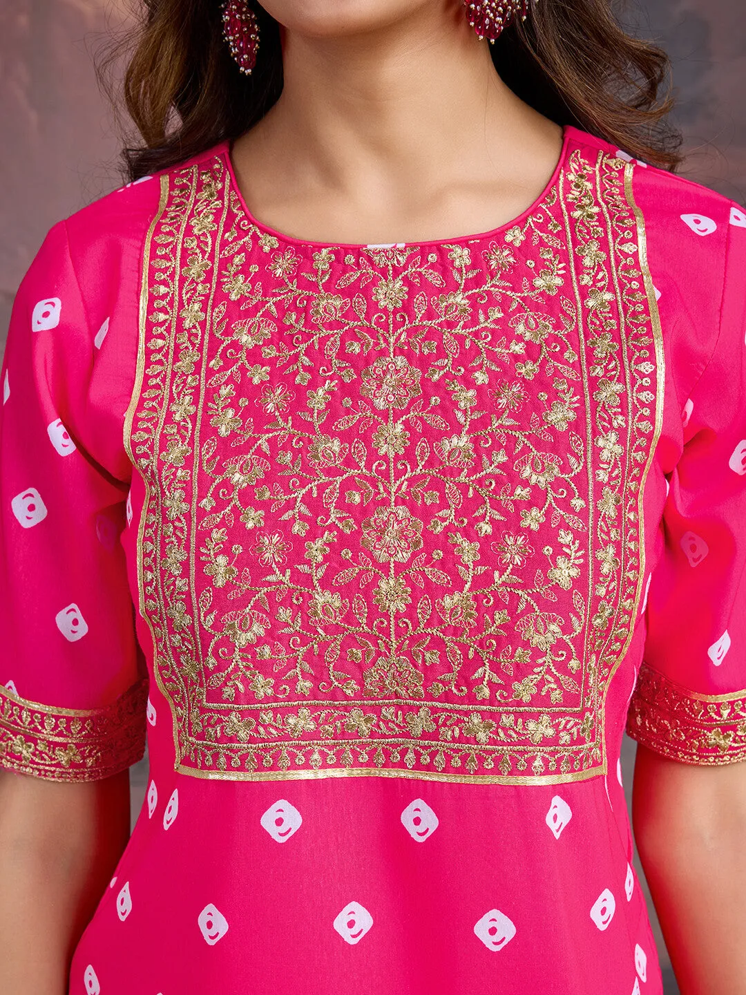 Bandhani Printed Round Neck Kurta & Sharara With Dupatta