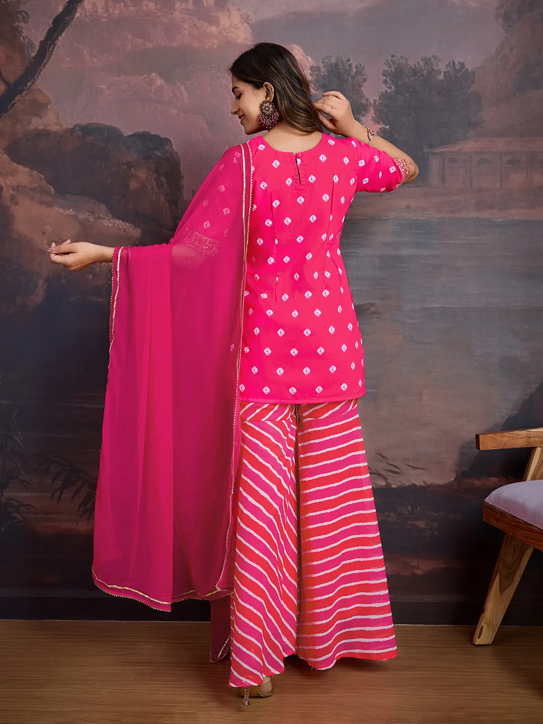Bandhani Printed Round Neck Kurta & Sharara With Dupatta