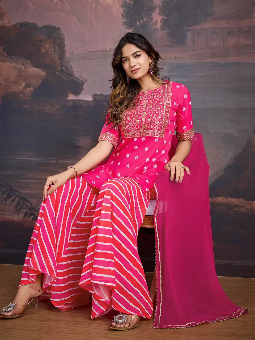 Bandhani Printed Round Neck Kurta & Sharara With Dupatta