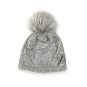 Bari Lynn Knit Beanie w/ Crystal Stars & Fur Pom ~ Silver