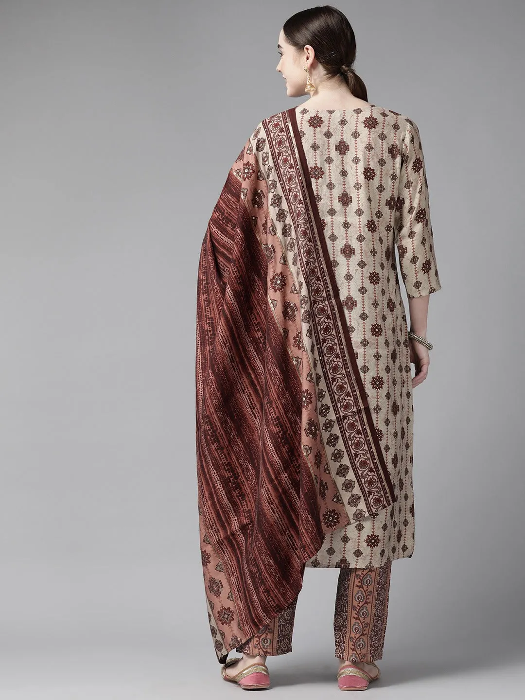 Beige Ethnic Motifs Printed Straight Shape Dupatta Set