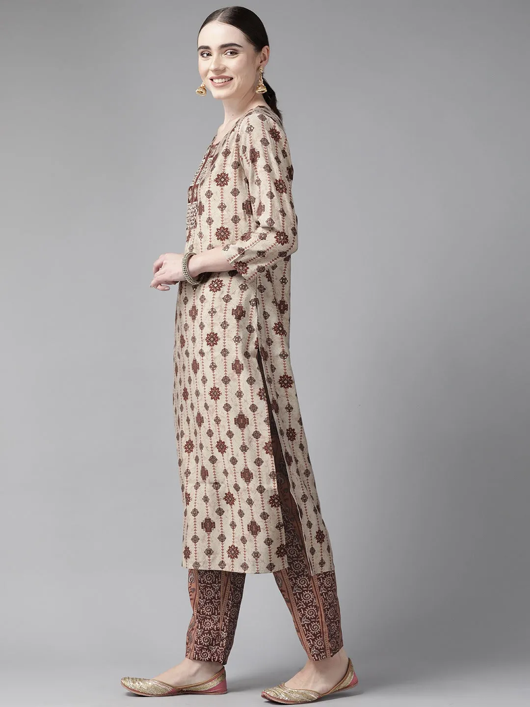 Beige Ethnic Motifs Printed Straight Shape Dupatta Set