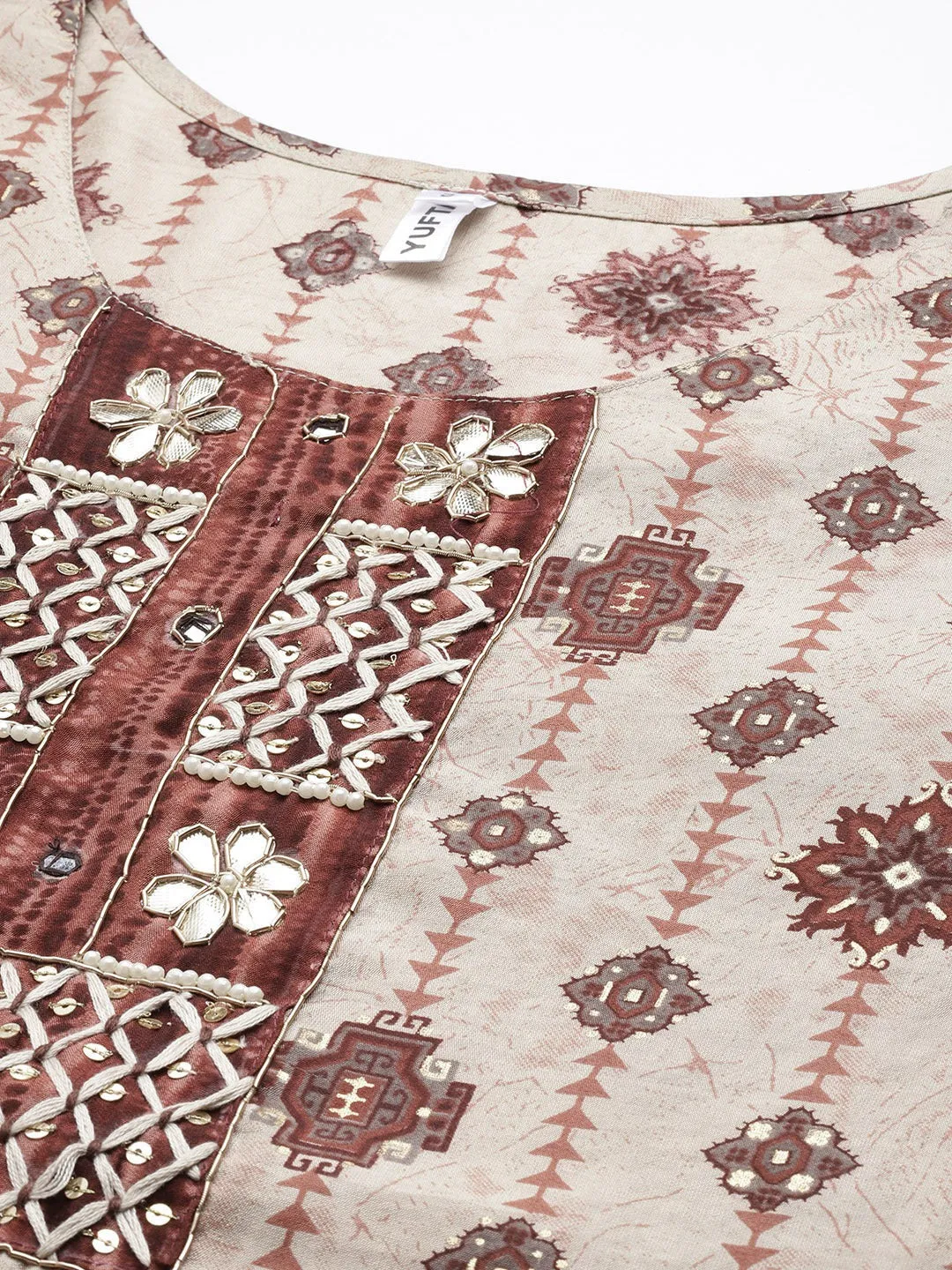 Beige Ethnic Motifs Printed Straight Shape Dupatta Set