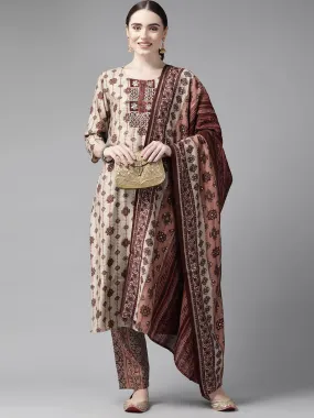 Beige Ethnic Motifs Printed Straight Shape Dupatta Set