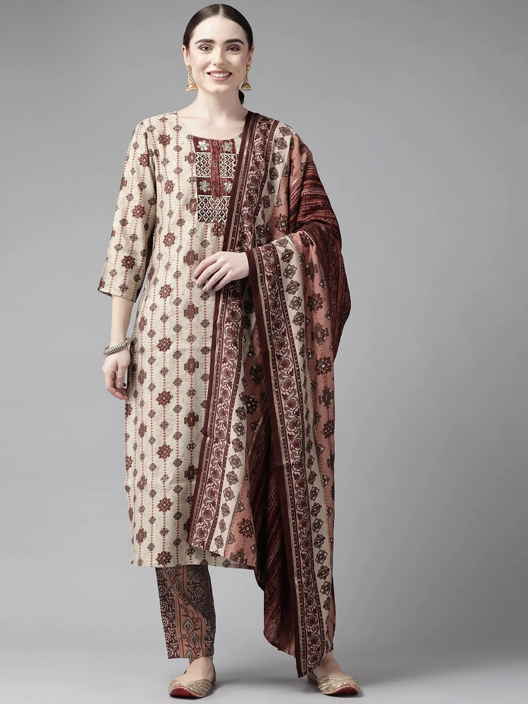 Beige Ethnic Motifs Printed Straight Shape Dupatta Set