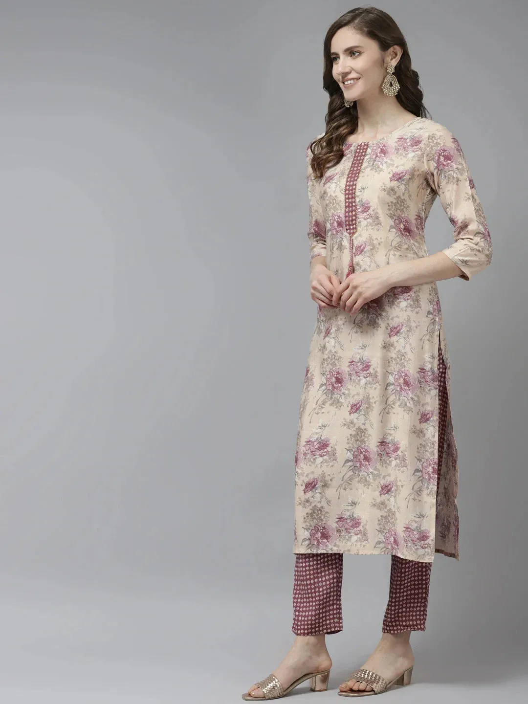 Beige Floral Printed Dupatta Set