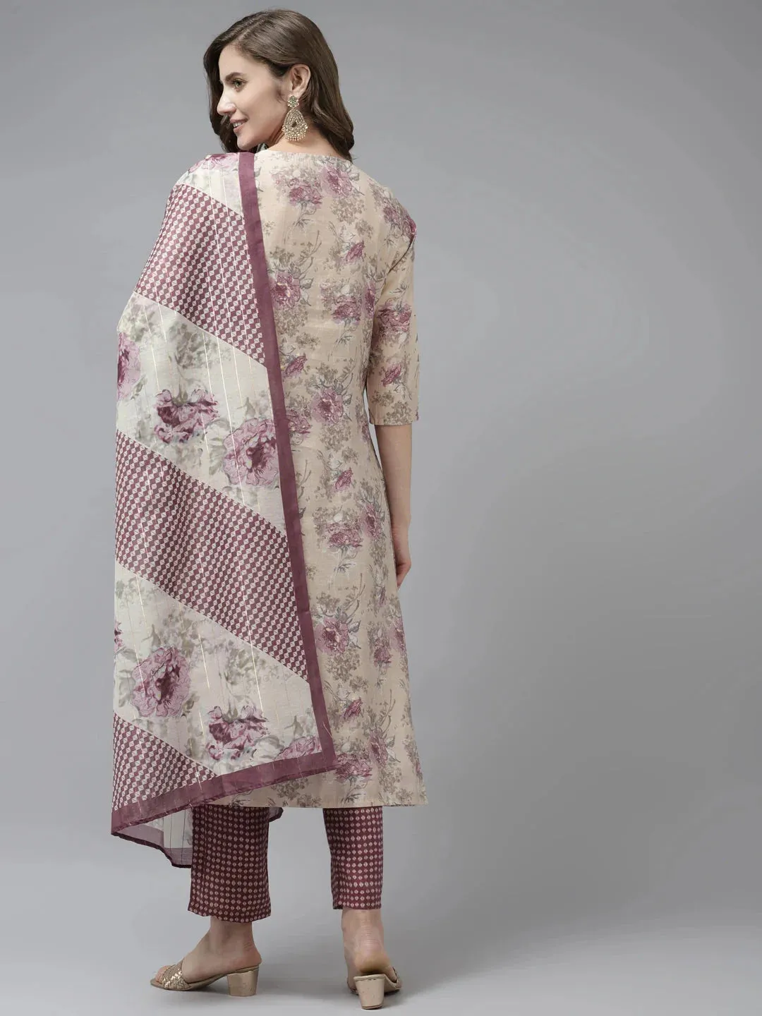 Beige Floral Printed Dupatta Set