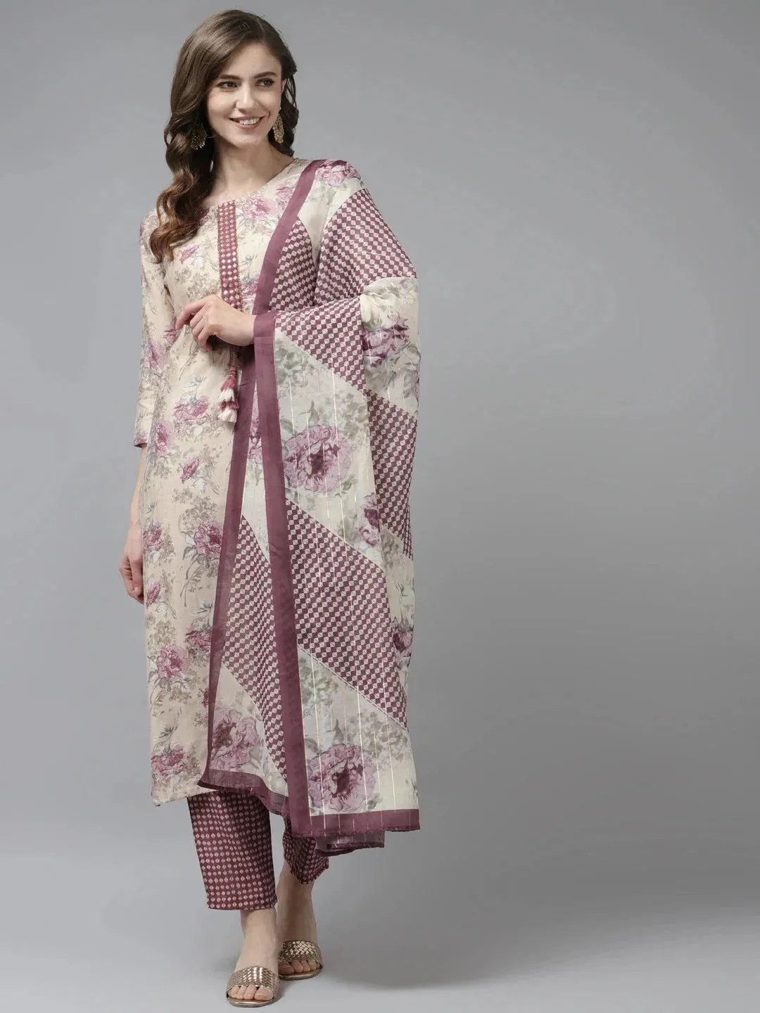 Beige Floral Printed Dupatta Set