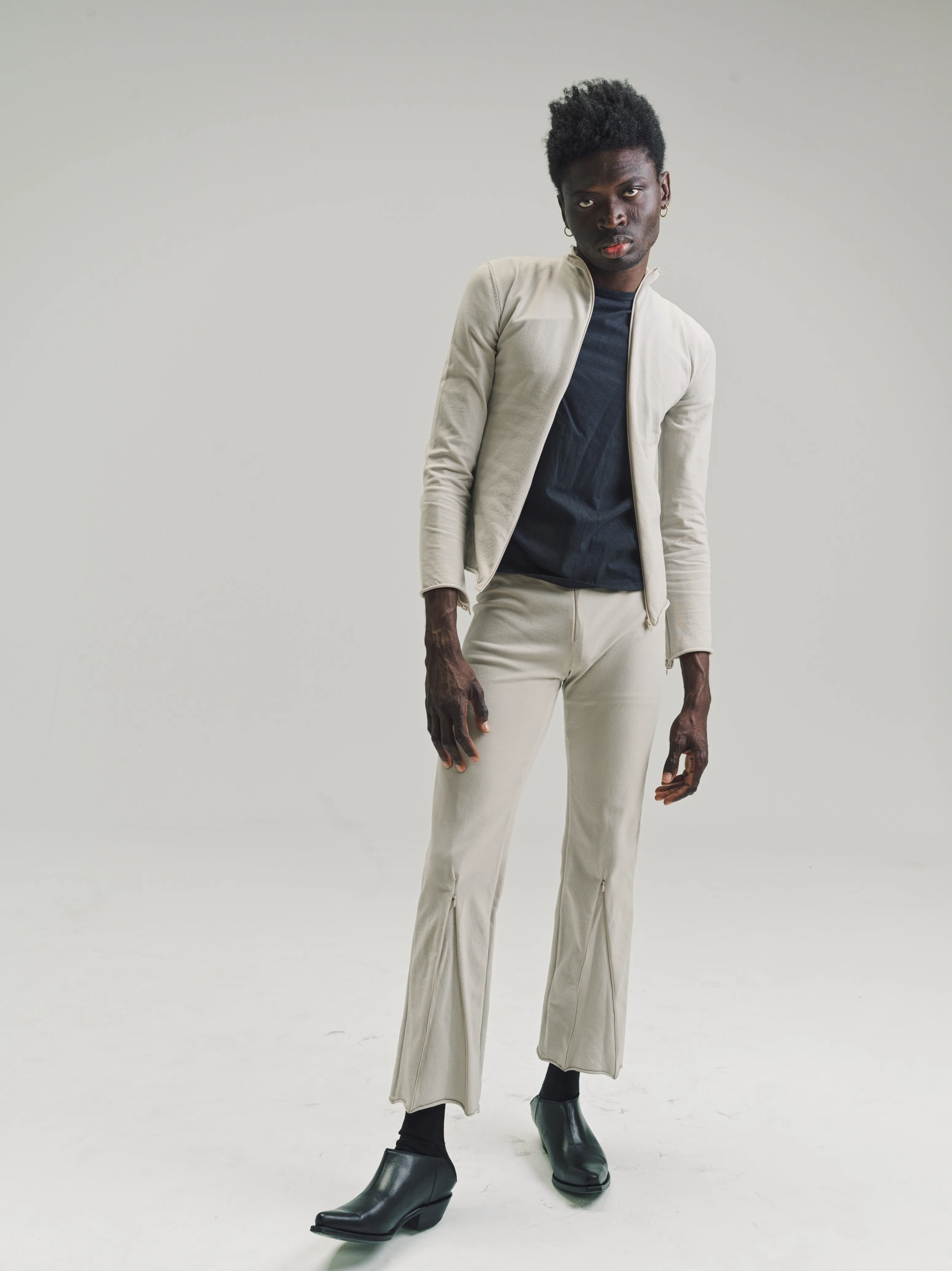 Beige Nylon No.152 Knitted Zipper Trousers