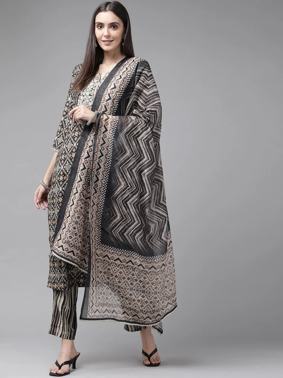 Black Ethnic Motifs Yoke Design Dupatta Set