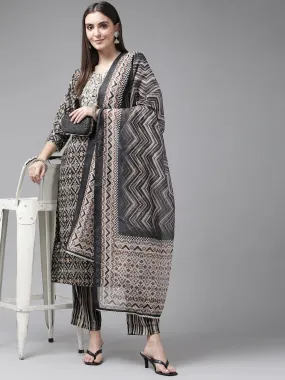 Black Ethnic Motifs Yoke Design Dupatta Set