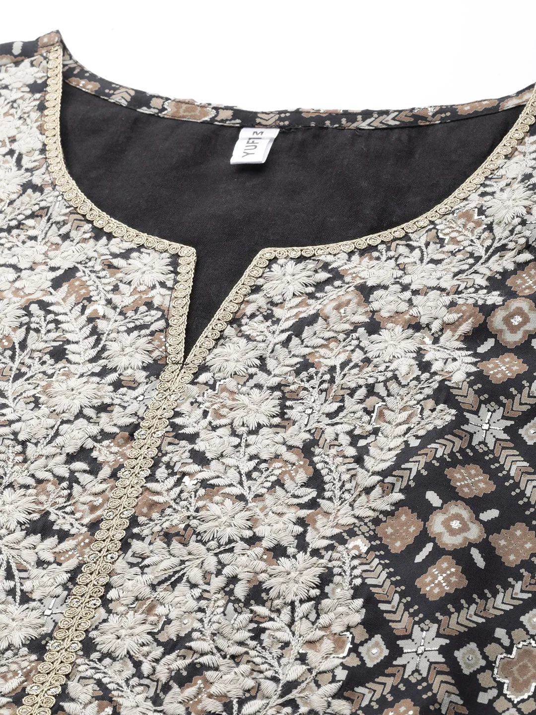 Black Ethnic Motifs Yoke Design Dupatta Set