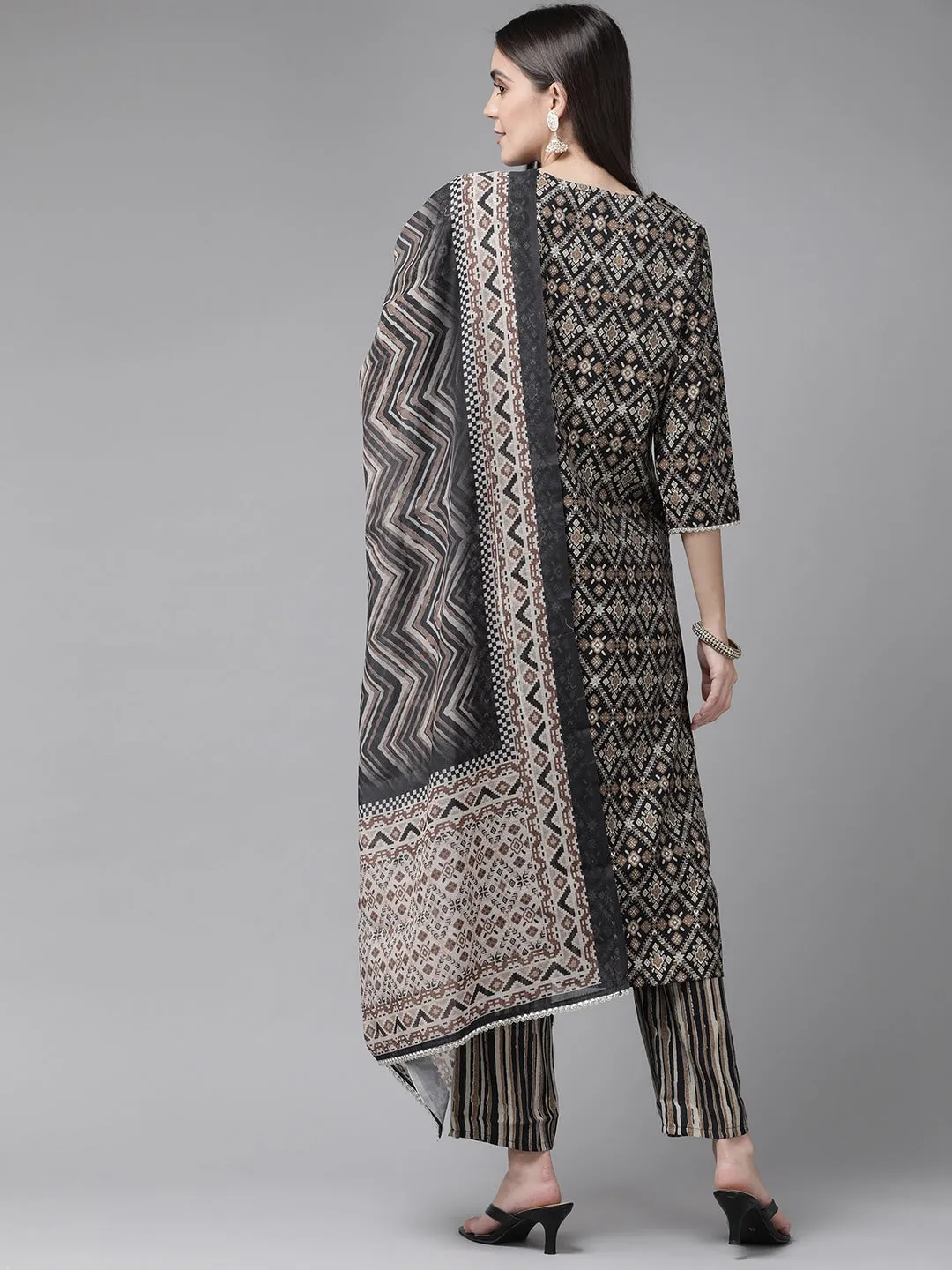 Black Ethnic Motifs Yoke Design Dupatta Set